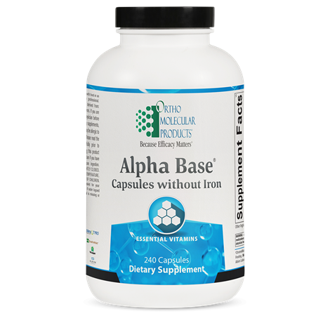 A bottle of Orthomolecular Products Alpha Base Capsules without Iron, labeled as a dietary supplement with 240 capsules inside.