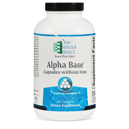 A bottle of Orthomolecular Products Alpha Base Capsules without Iron, labeled as a dietary supplement with 240 capsules inside.