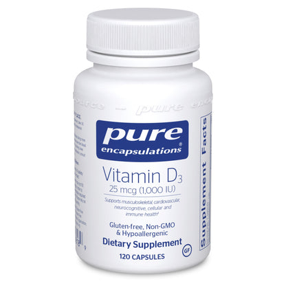 A bottle of Pure Encapsulations Vitamin D3 25 mcg (1,000 IU) capsules with 120 capsules inside.