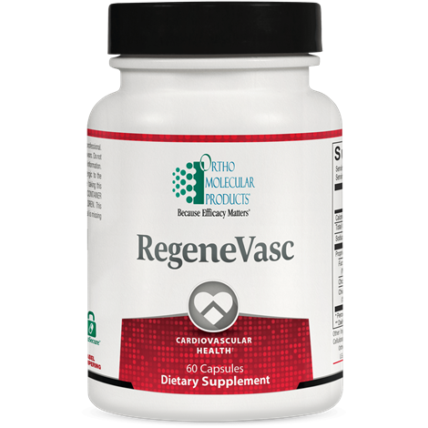A bottle of Orthomolecular Products RegeneVasc dietary supplement with 60 capsules, designed to support cardiovascular health.