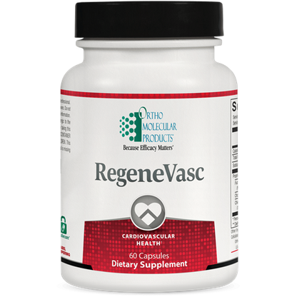 A bottle of Orthomolecular Products RegeneVasc dietary supplement with 60 capsules, designed to support cardiovascular health.