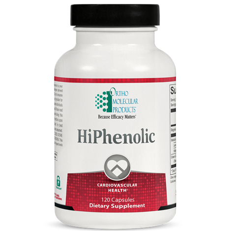 A bottle of OrthoMolecular Products HiPhenolic dietary supplement with 120 capsules, labeled for cardiovascular health.