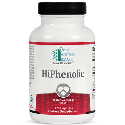 A bottle of OrthoMolecular Products HiPhenolic dietary supplement with 120 capsules, labeled for cardiovascular health.