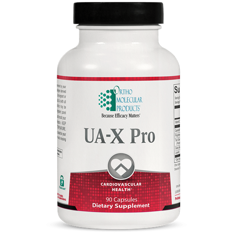A bottle of Orthomolecular Products UA-X Pro dietary supplement, with red and white labeling, indicating it supports cardiovascular health and has 60 capsules.
