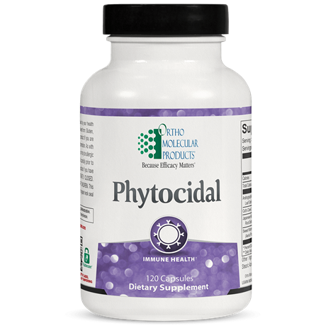 A bottle of Orthomolecular Products Phytocidal dietary supplement with white and purple label, indicating support for immune health.