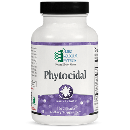 A bottle of Orthomolecular Products Phytocidal dietary supplement with white and purple label, indicating support for immune health.