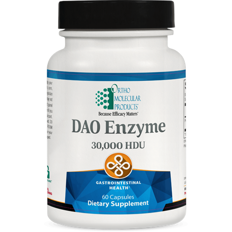A picture of a bottle of Orthomolecular Products DAO enzyme with a white background.