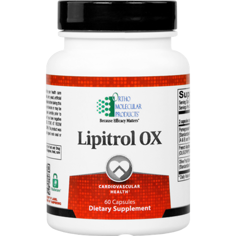 A bottle of Orthomolecular Products Lipitrol OX dietary supplement, which appears to be white with a label that has red and blue accents and text detailing the product's benefits for cardiovascular health.