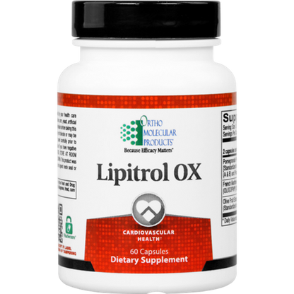 A bottle of Orthomolecular Products Lipitrol OX dietary supplement, which appears to be white with a label that has red and blue accents and text detailing the product's benefits for cardiovascular health.