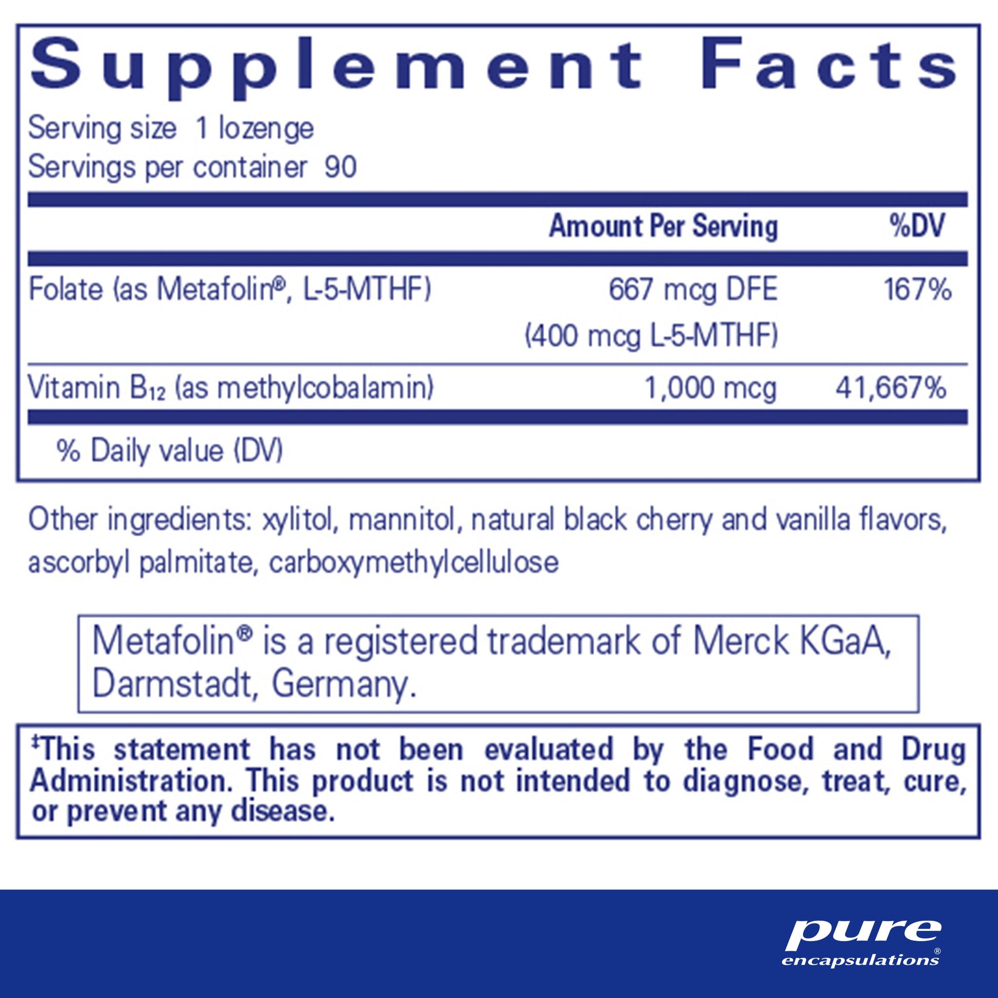 Supplement facts and ingredient information for a bottle of Pure Encapsulations PureMelt B12 Folate dietary supplement