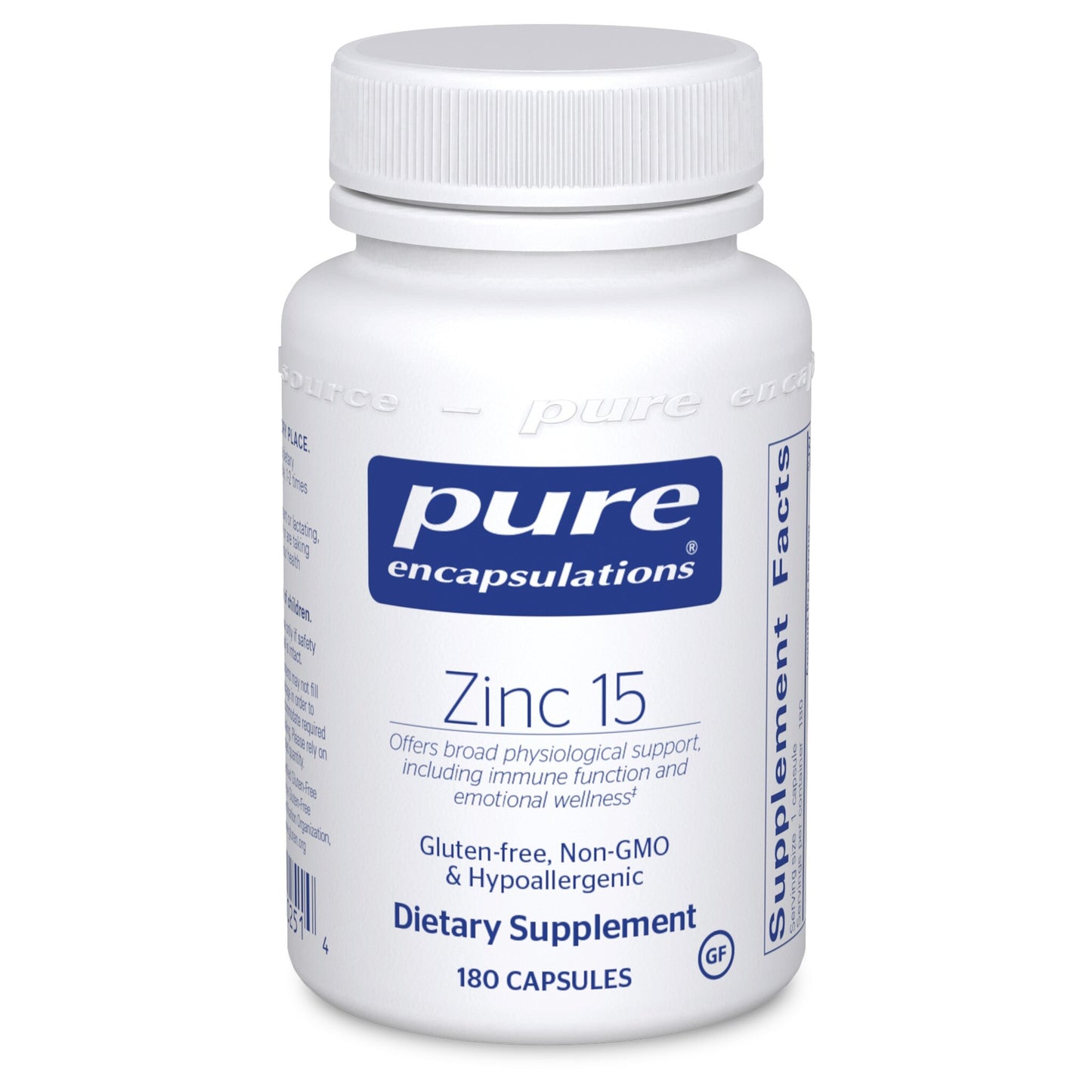 A bottle of Pure Encapsulations Zinc 15 dietary supplement with 180 capsules. The label is white with blue and red text, and the product is indicated for immune system support.