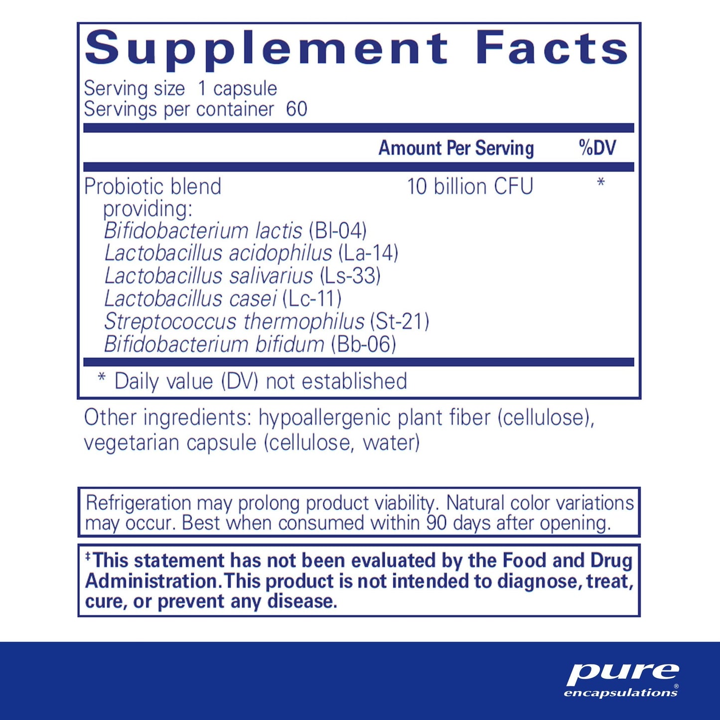 Supplement facts and ingredient information for a bottle of Pure Encapsulations Probiotic G.I. dietary supplement