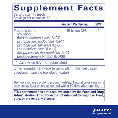 Supplement facts and ingredient information for a bottle of Pure Encapsulations Probiotic G.I. dietary supplement