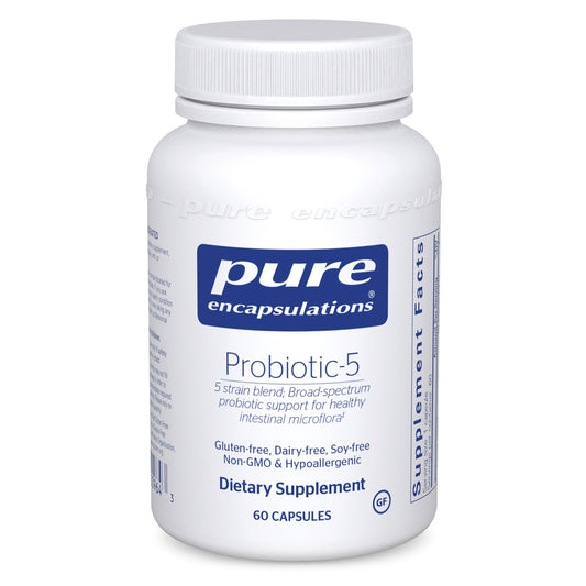 A bottle of Pure Encapsulations Probiotic-5 dietary supplement with 60 capsules.