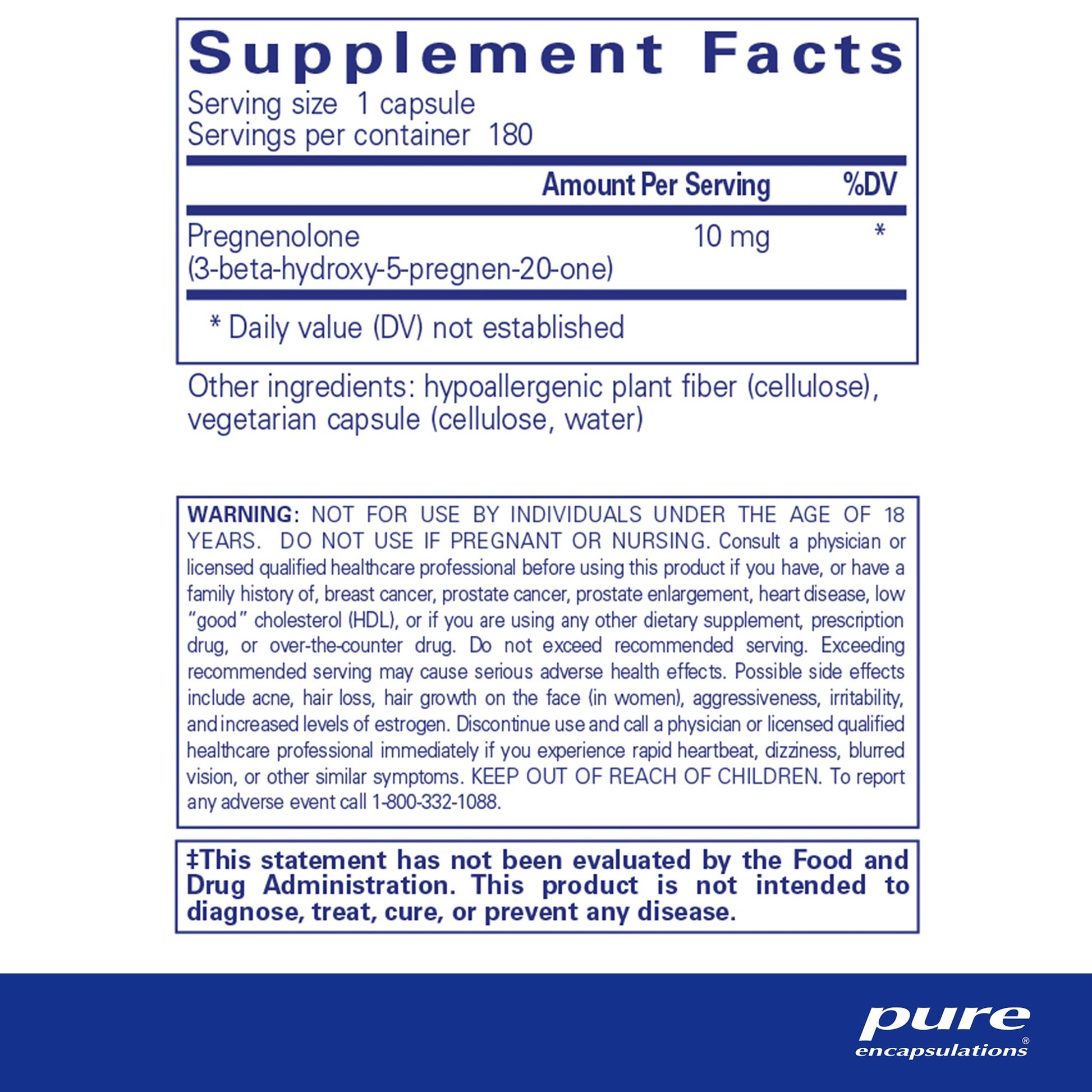 Supplement facts and ingredient information for a bottle of Pure Encapsulations Pregnenolone 10 mg dietary supplement 