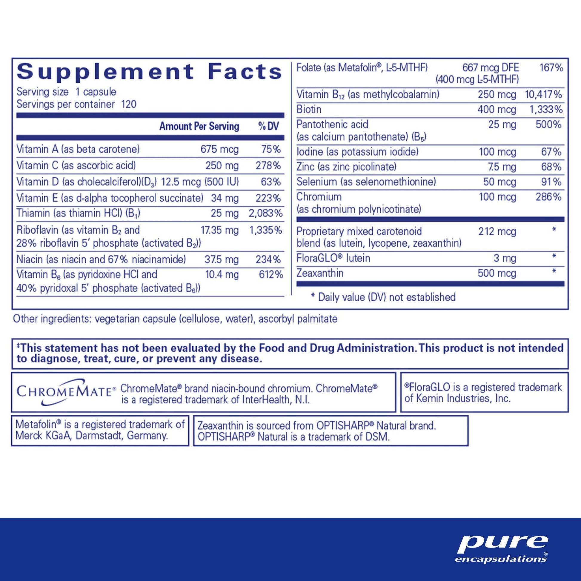 Supplement facts and ingredient information for a bottle of Pure Encapsulations Multi t/d dietary supplement.