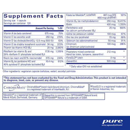 Supplement facts and ingredient information for a bottle of Pure Encapsulations Multi t/d dietary supplement.