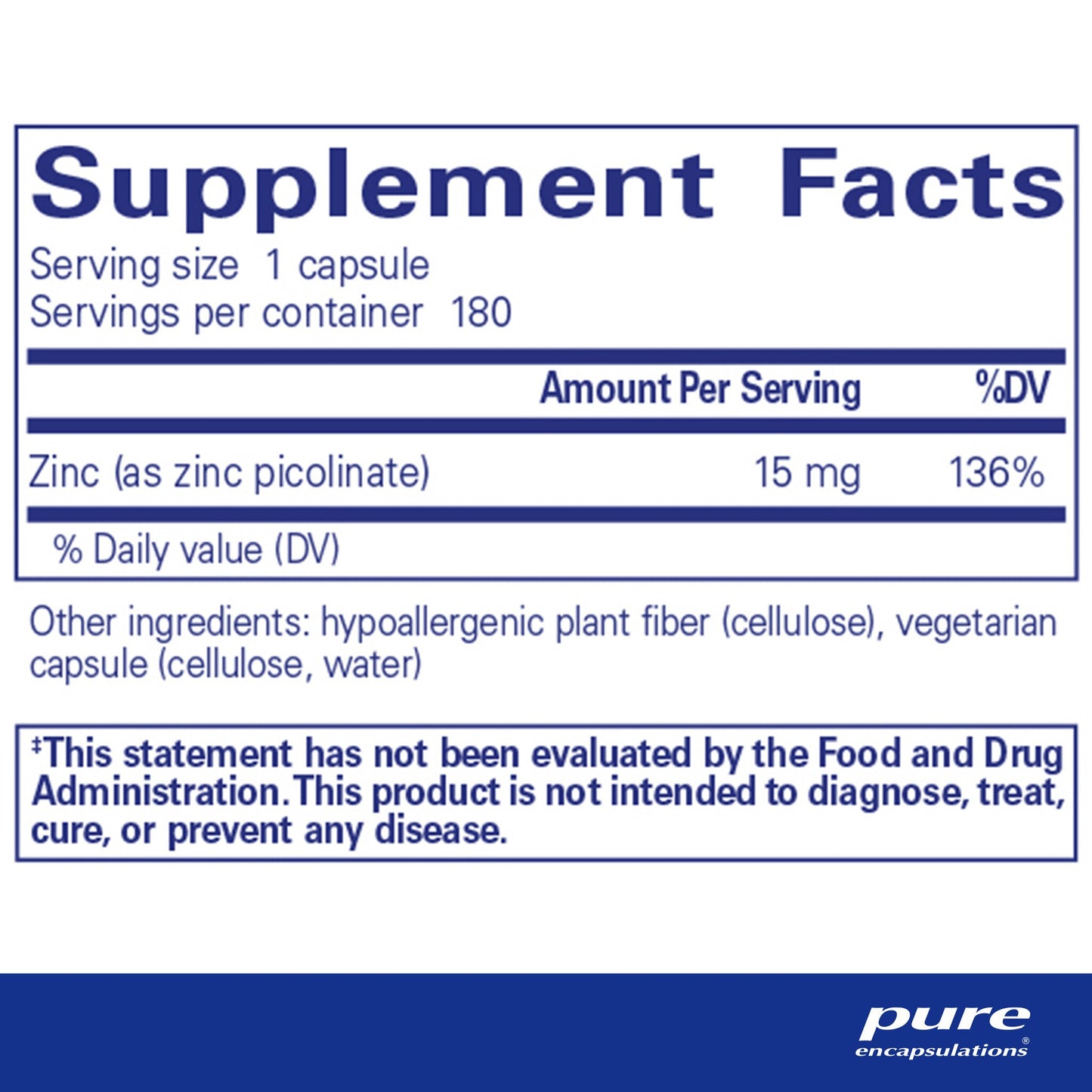 Supplement facts for a bottle of Pure Encapsulations Zinc 15 