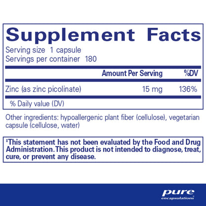 Supplement facts for a bottle of Pure Encapsulations Zinc 15 