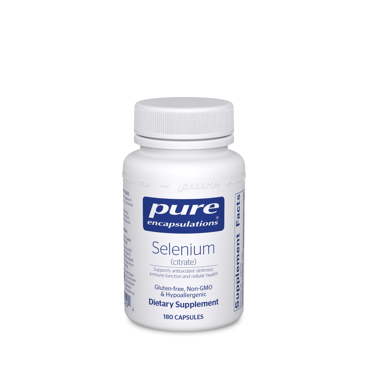 A bottle of Pure Encapsulations Selenium (citrate) dietary supplement with 180 capsules.