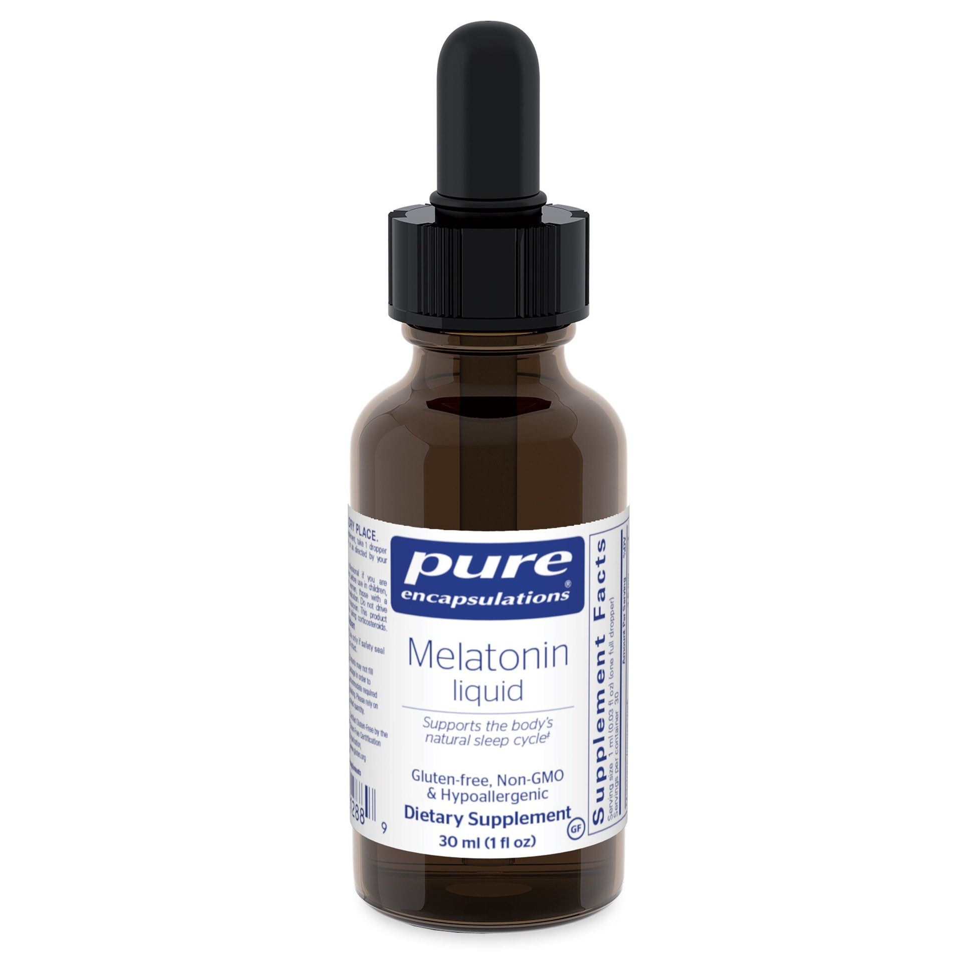 A bottle of Pure Encapsulations Melatonin Liquid with a dropper cap.