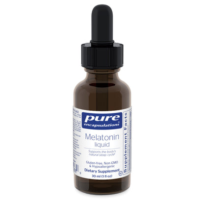 A bottle of Pure Encapsulations Melatonin Liquid with a dropper cap.