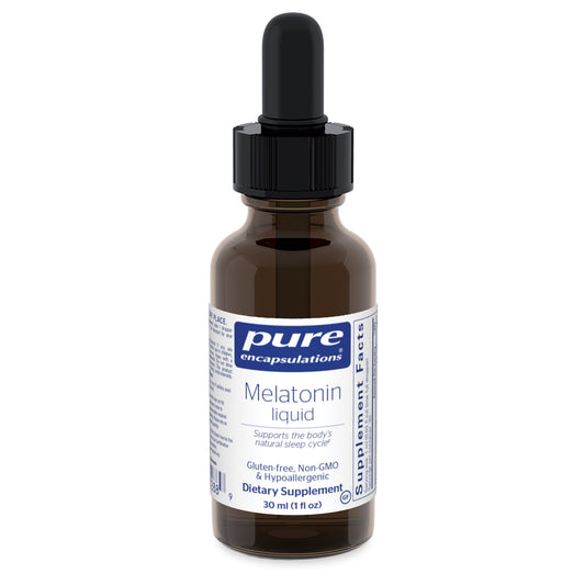 A bottle of Pure Encapsulations Melatonin Liquid with a dropper cap.