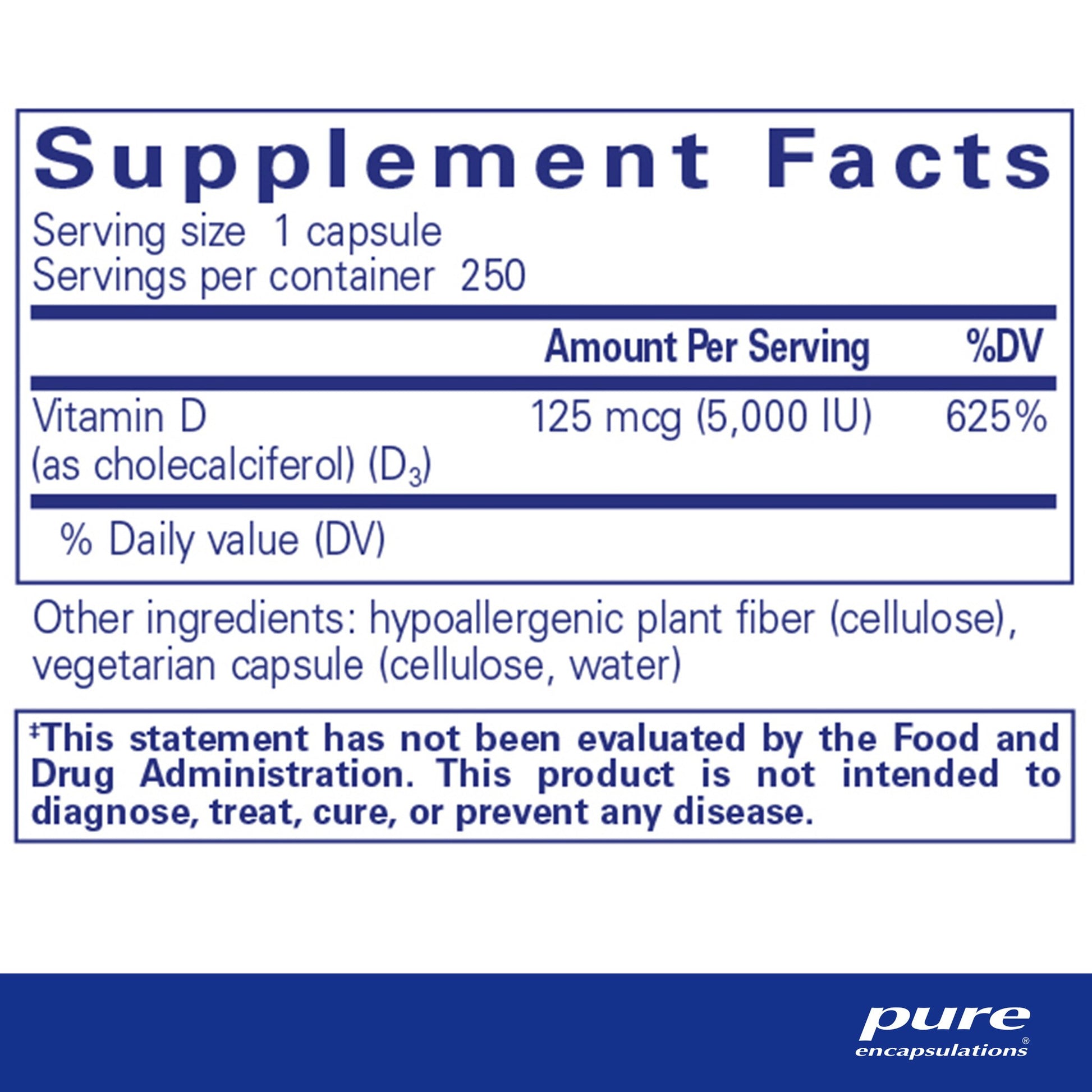 Supplement facts and ingredient information for a bottle of Pure Encapsulations Vitamin D3 supplemen