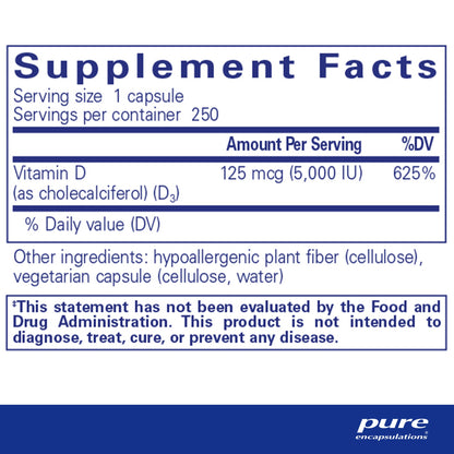 Supplement facts and ingredient information for a bottle of Pure Encapsulations Vitamin D3 supplemen