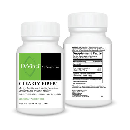 Two bottles of Davinci Laboratories Clearly Fiber supplement on a white background