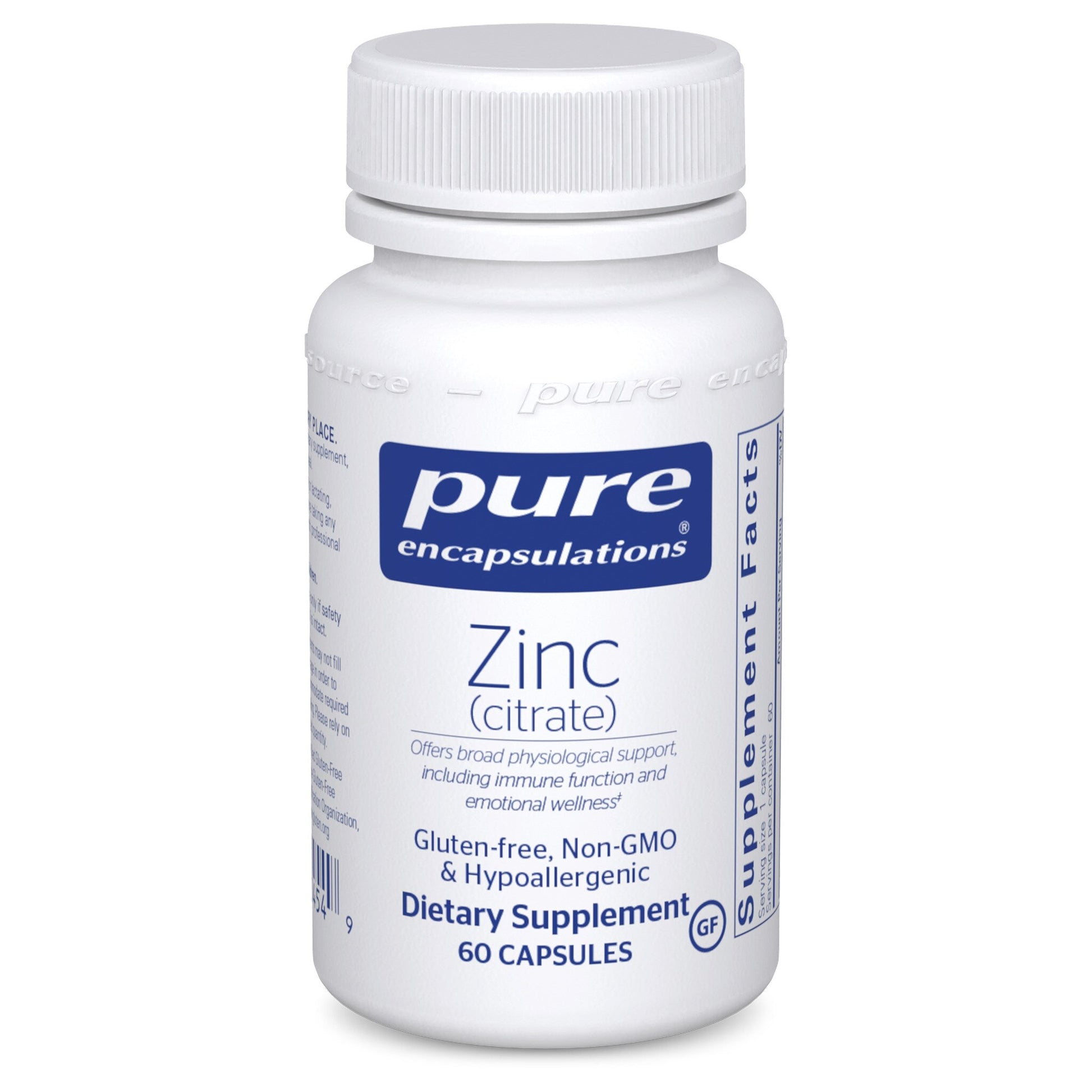 A bottle of Pure Encapsulations Zinc (citrate) dietary supplement containing 60 capsules.
