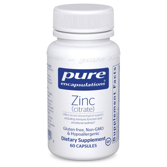 A bottle of Pure Encapsulations Zinc (citrate) dietary supplement containing 60 capsules.