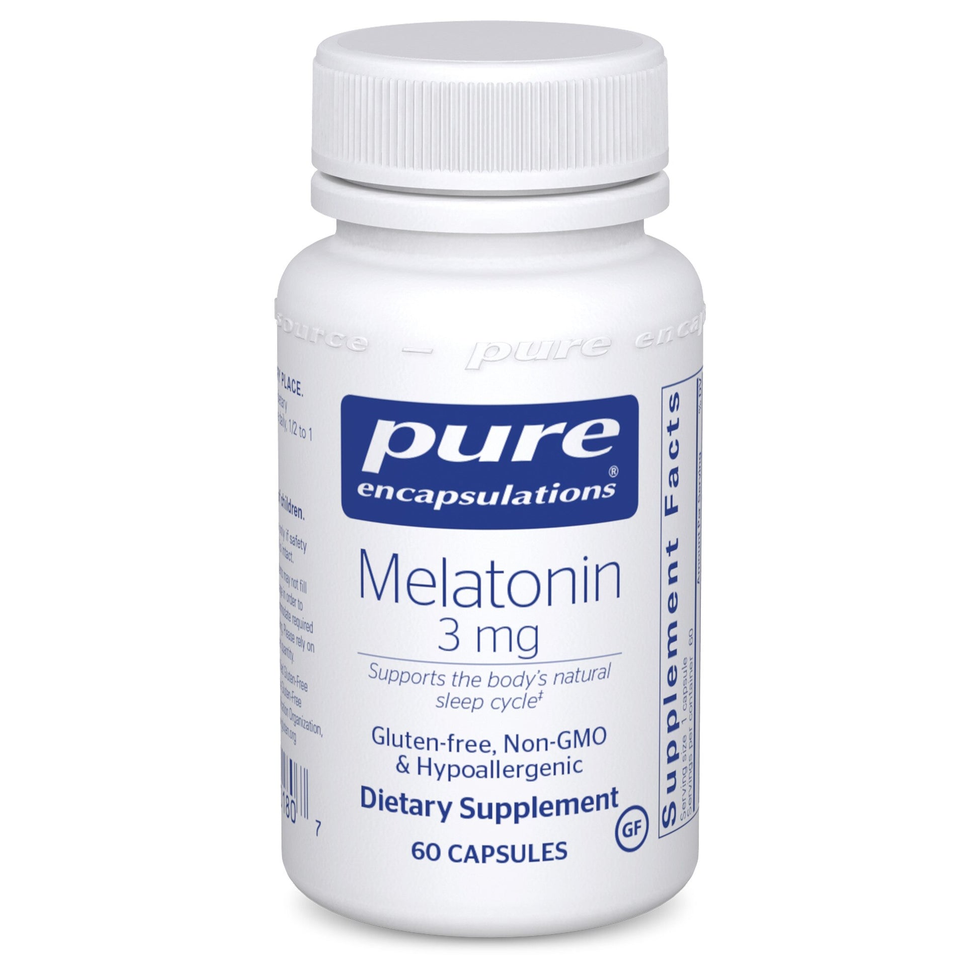 A bottle of Pure Encapsulations Melatonin 3 mg dietary supplement containing 60 capsules, with labels indicating gluten-free, non-GMO, and hypoallergenic.