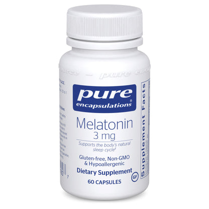 A bottle of Pure Encapsulations Melatonin 3 mg dietary supplement containing 60 capsules, with labels indicating gluten-free, non-GMO, and hypoallergenic.