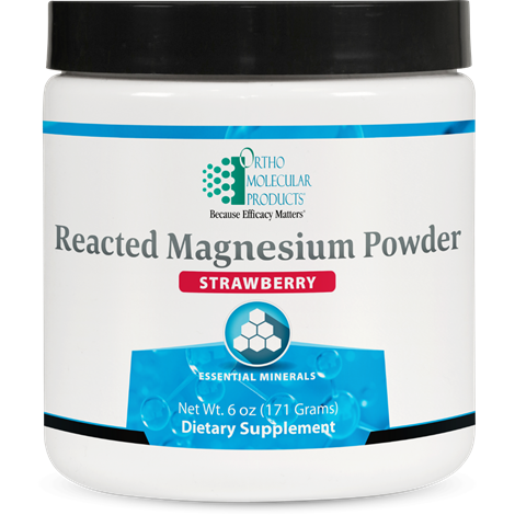 A container of OrthoMolecular Products Reacted Magnesium Powder in strawberry flavor.