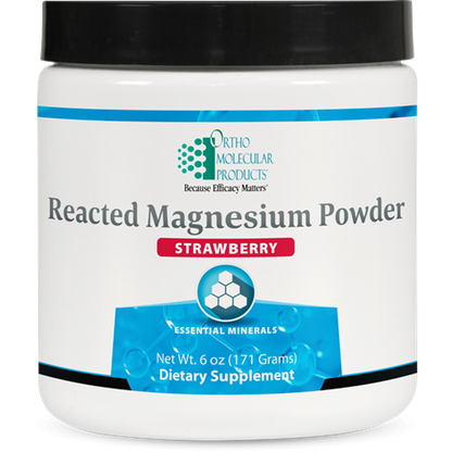 A container of OrthoMolecular Products Reacted Magnesium Powder in strawberry flavor.