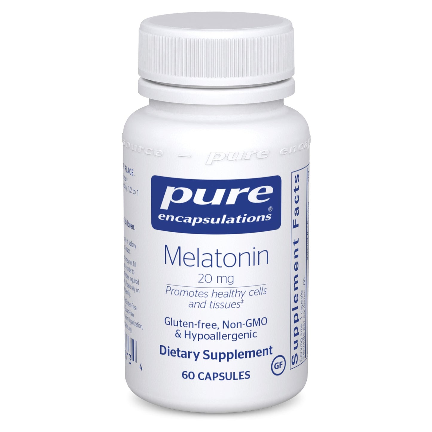 A bottle of Pure Encapsulations Melatonin 20 mg dietary supplement containing 60 capsules.