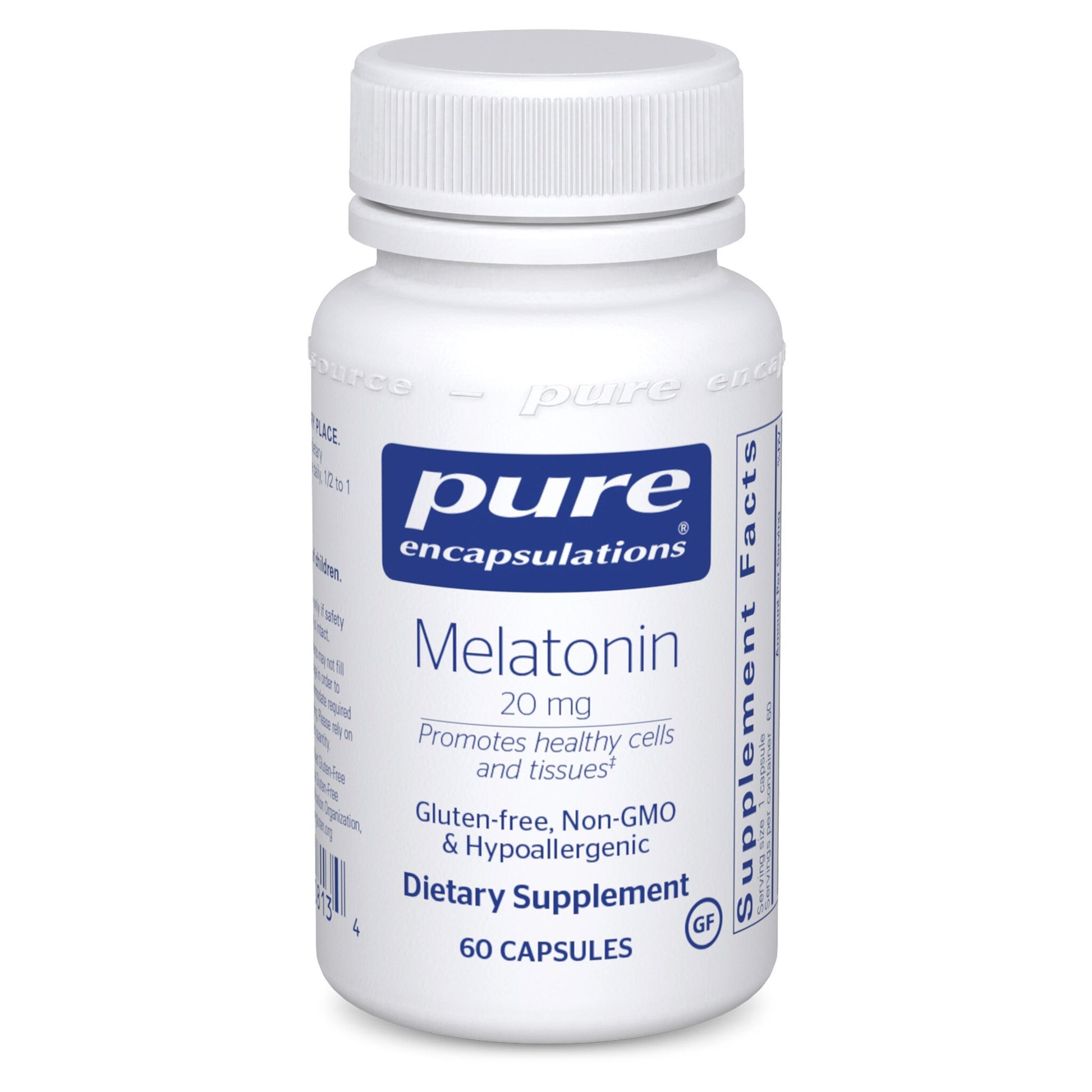 A bottle of Pure Encapsulations Melatonin 20 mg dietary supplement containing 60 capsules.