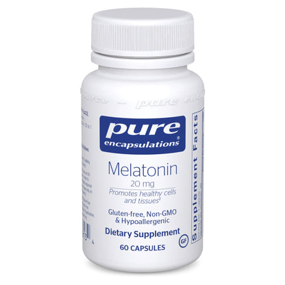 A bottle of Pure Encapsulations Melatonin 20 mg dietary supplement containing 60 capsules.