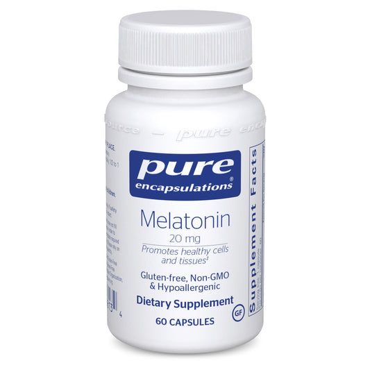 A bottle of Pure Encapsulations Melatonin 20 mg dietary supplement containing 60 capsules.
