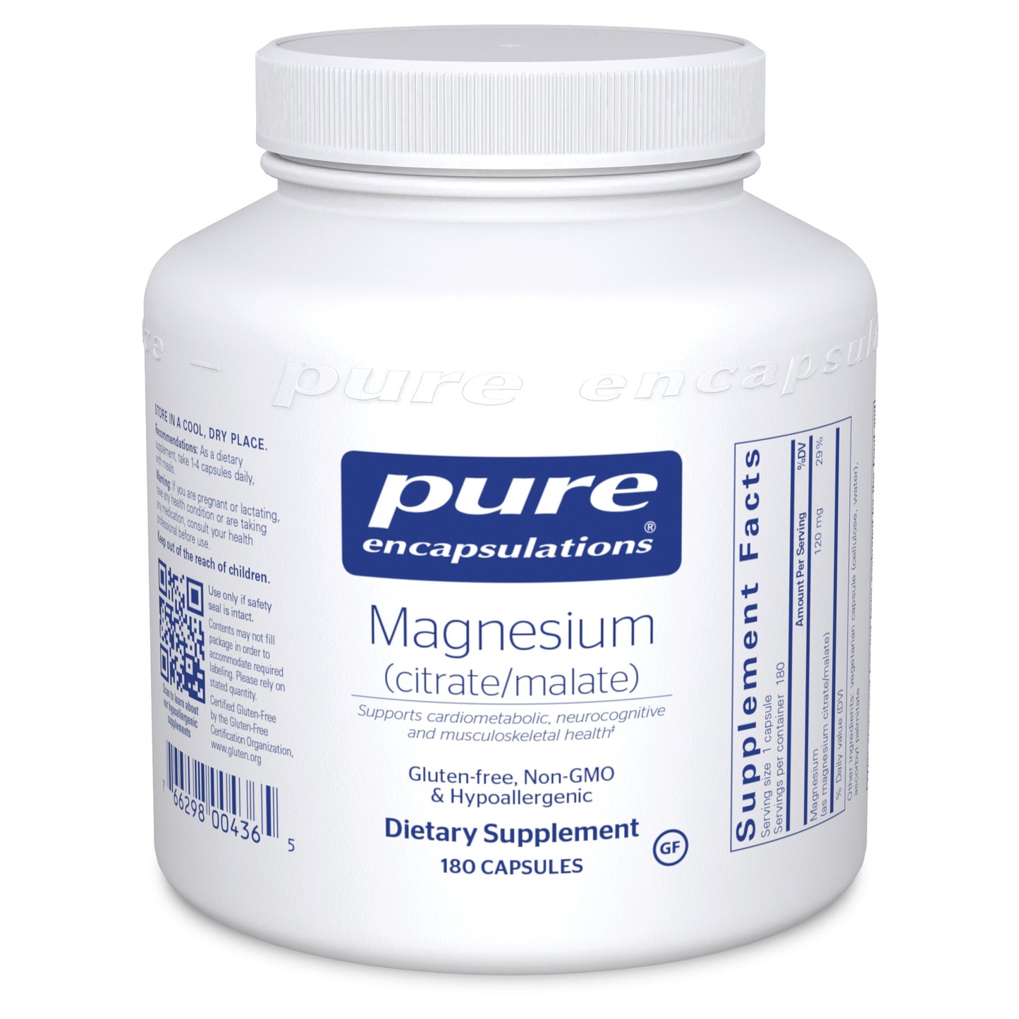 A bottle of Pure Encapsulations Magnesium (citrate/malate) capsules with 180 capsules inside. The bottle is white with a blue label that includes the brand name and product information.