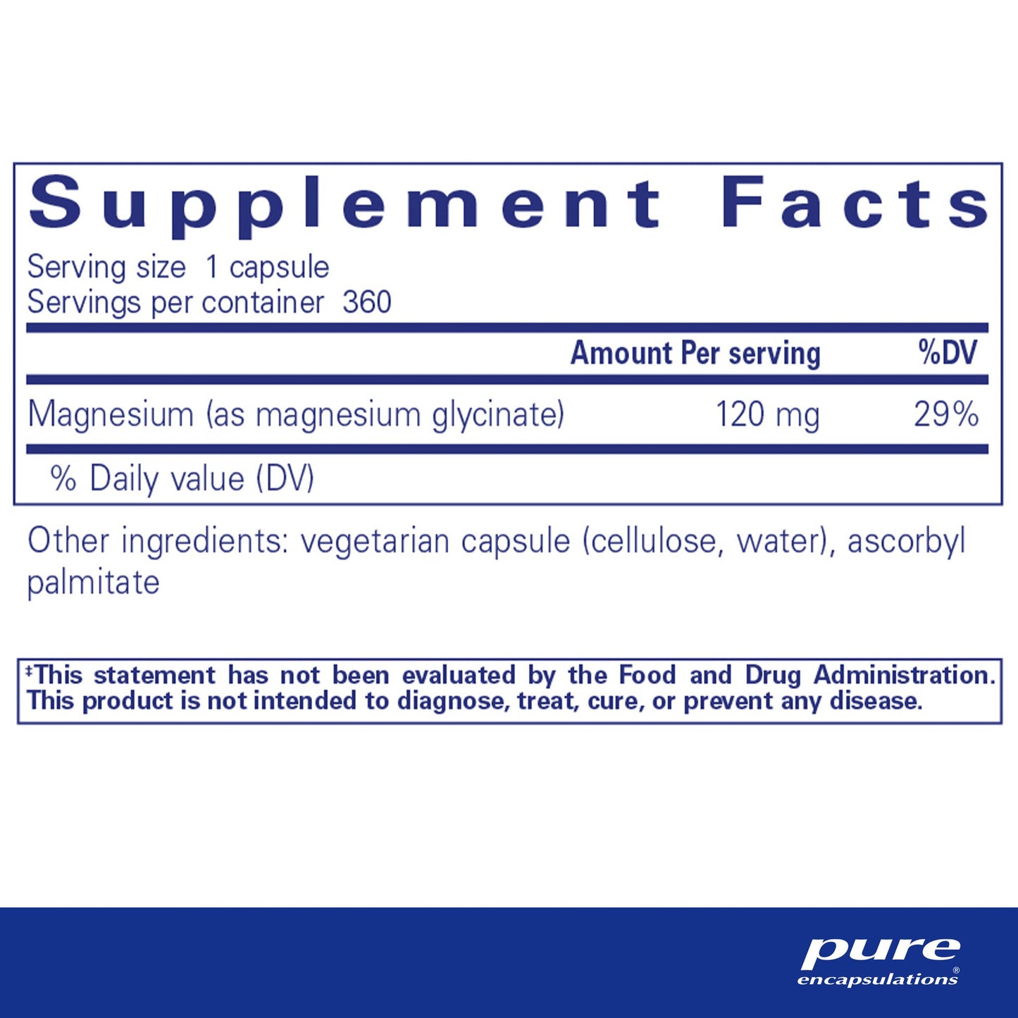 Supplement facts and ingredient informaton for a bottle of Pure Encapsulations Magnesium (glycinate) dietary supplement