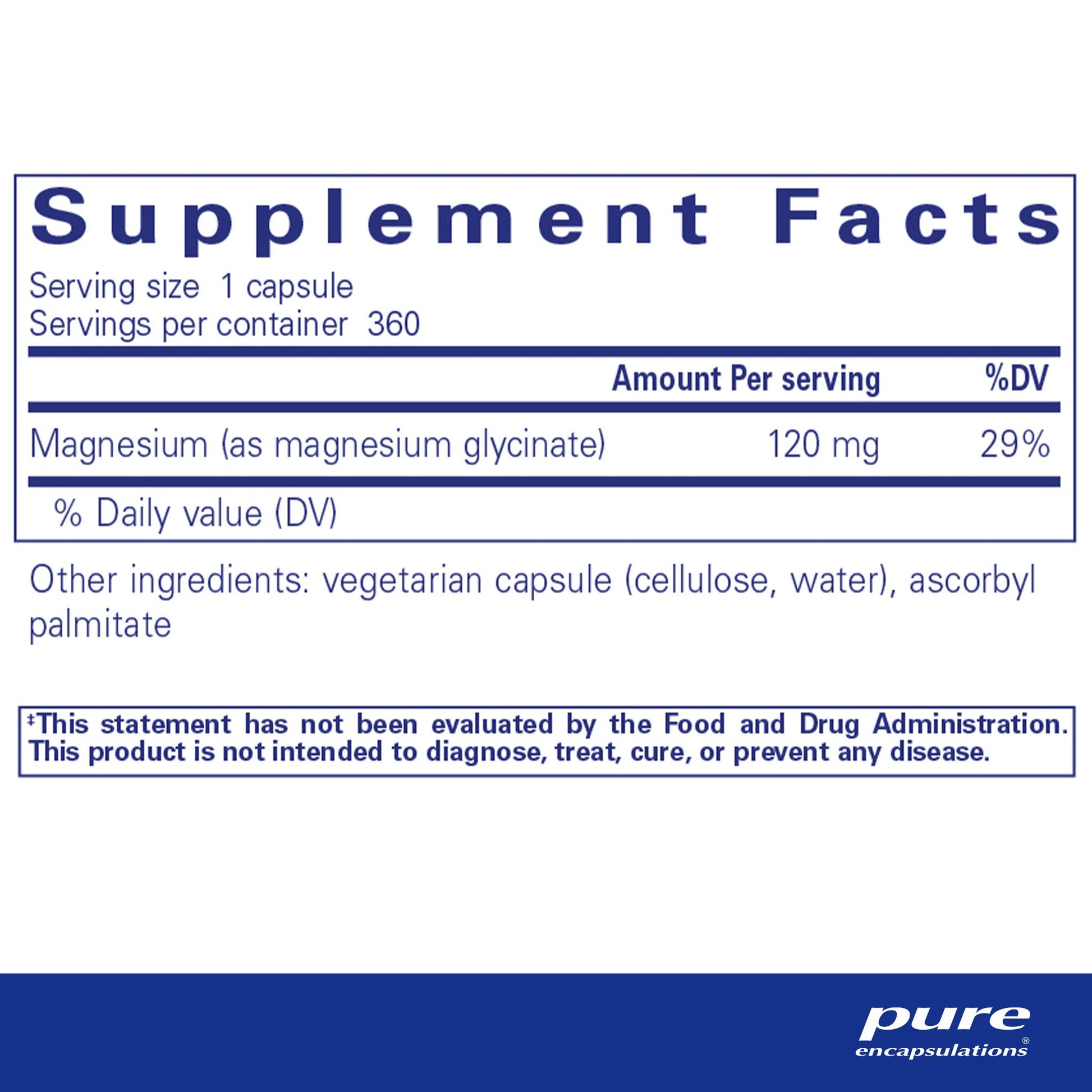 Supplement facts and ingredient informaton for a bottle of Pure Encapsulations Magnesium (glycinate) dietary supplement