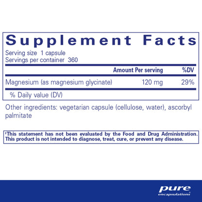 Supplement facts and ingredient informaton for a bottle of Pure Encapsulations Magnesium (glycinate) dietary supplement
