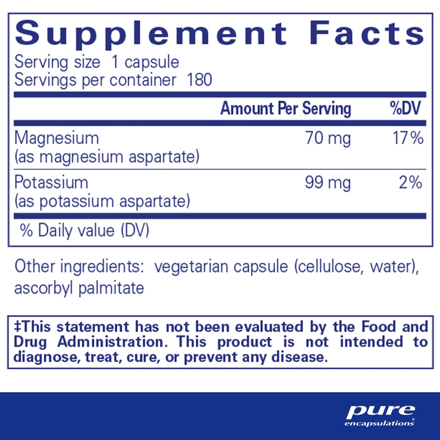 Supplement facts and ingredient information for a bottle of Pure Encapsulations Potassium/Magnesium (aspartate) dietary supplement 