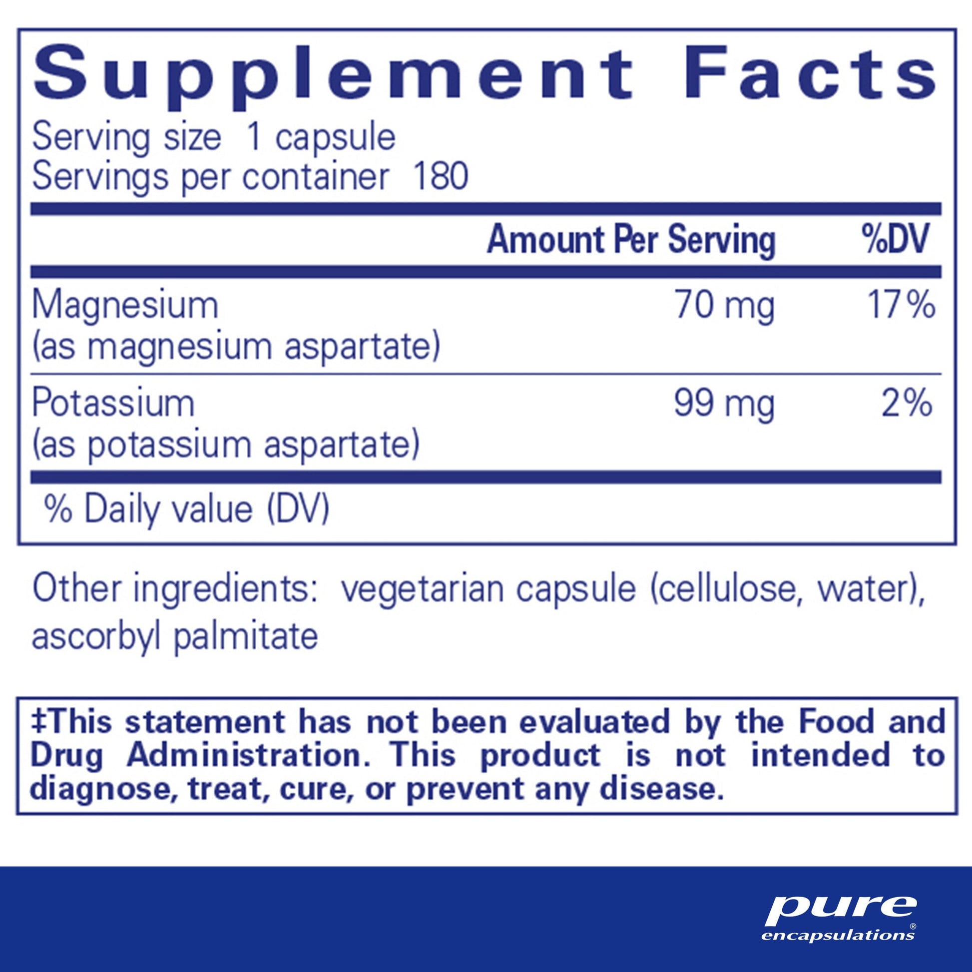 Supplement facts and ingredient information for a bottle of Pure Encapsulations Potassium/Magnesium (aspartate) dietary supplement 