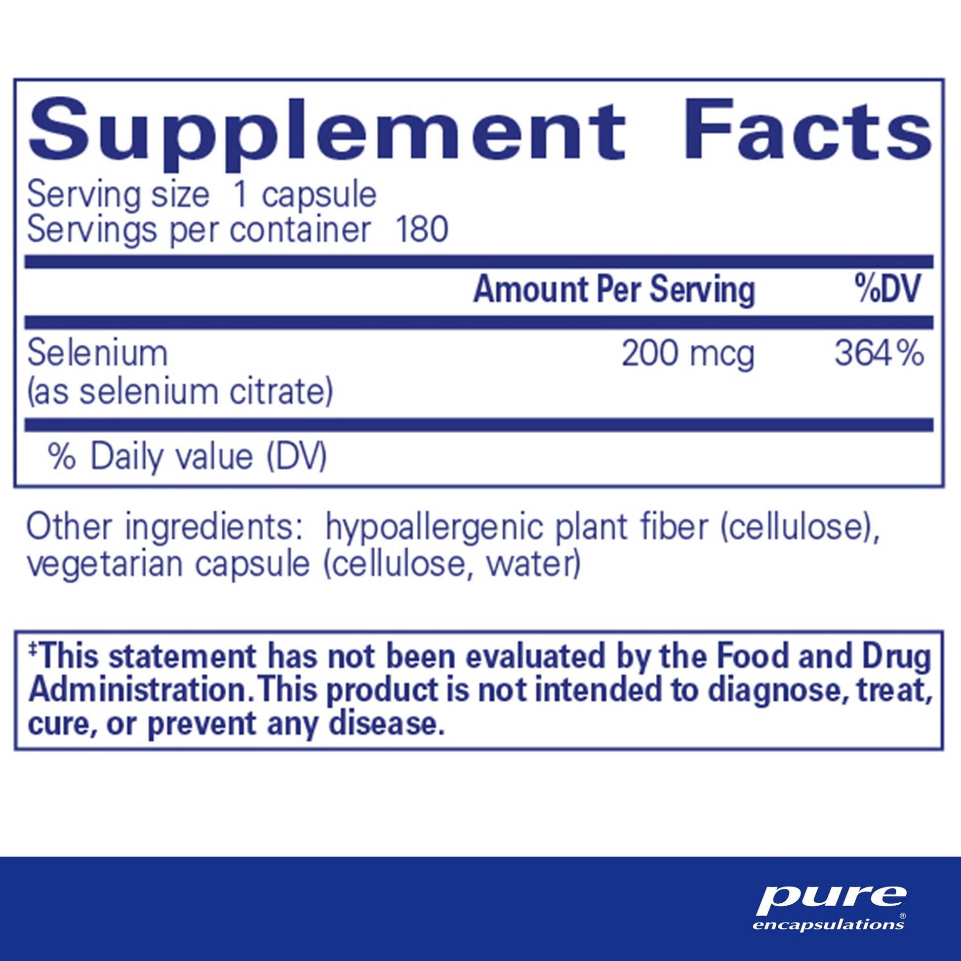 Supplement facts and ingredient information for bottle of Pure Encapsulations Selenium (citrate) dietary supplement