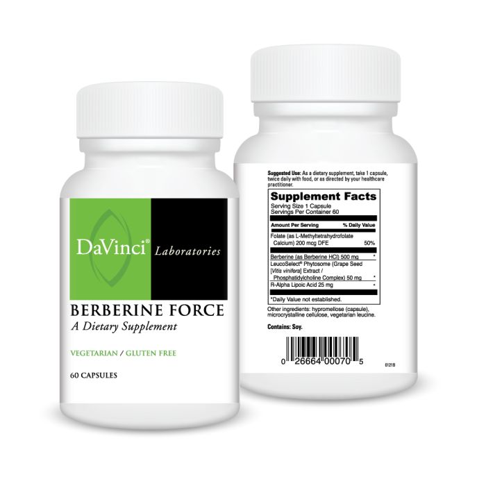 Two bottles of DaVinci Laboratories Berberine Force dietary supplement on a white background