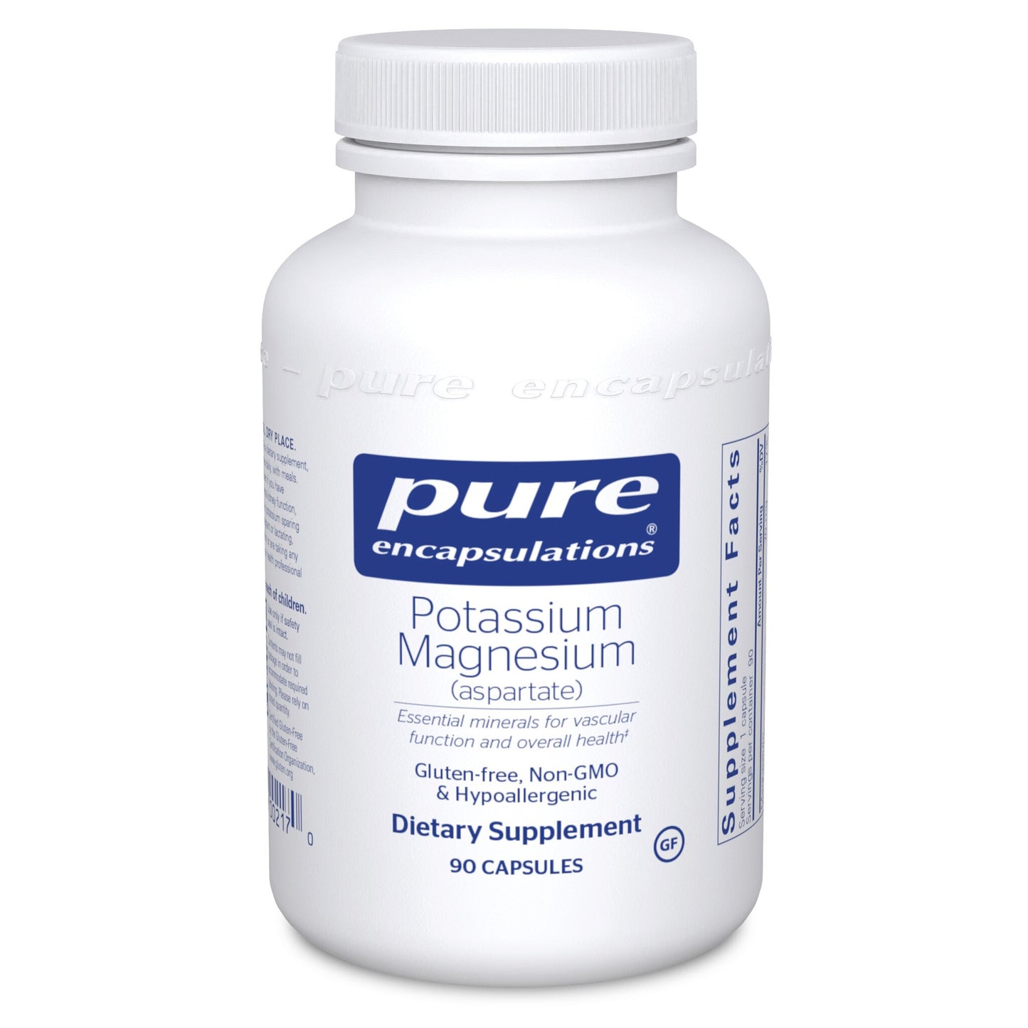 A bottle of Pure Encapsulations Potassium/Magnesium (aspartate) dietary supplement containing 90 capsules.