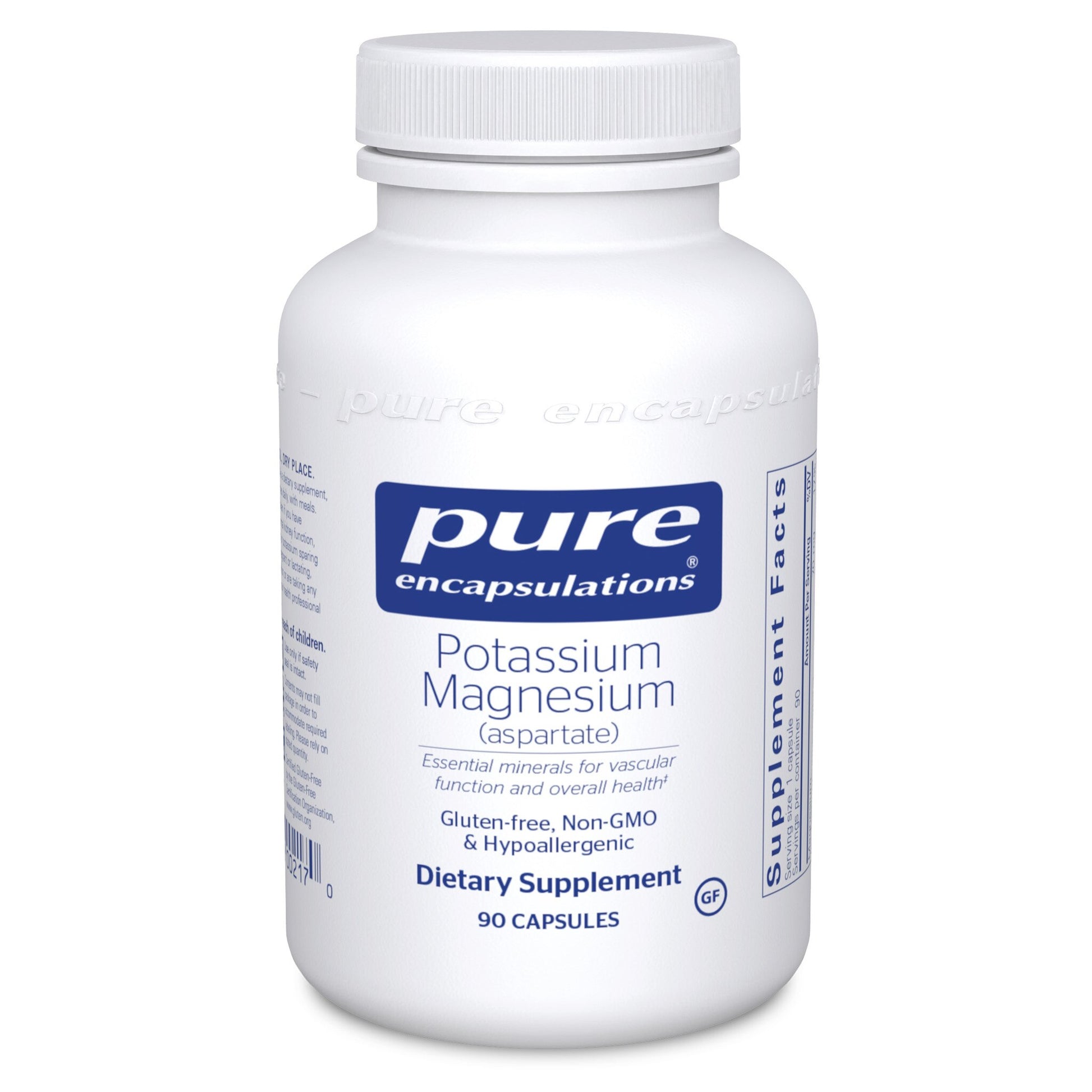 A bottle of Pure Encapsulations Potassium/Magnesium (aspartate) dietary supplement containing 90 capsules.